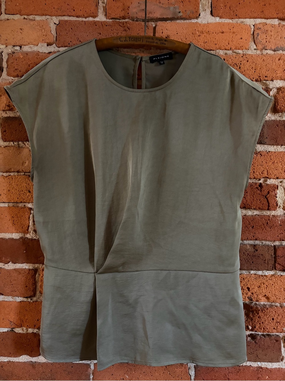 Pleione Olive Green Cap Sleeve Draped Asymmetric Waist Top